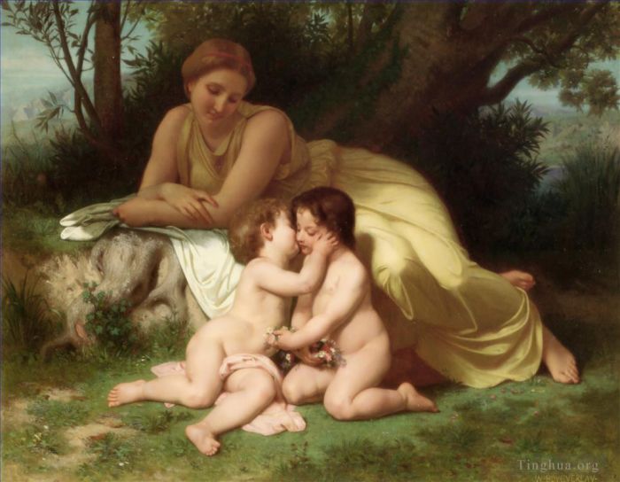 William-Adolphe Bouguereau Oil Painting - Young Woman Contemplating Two Embracing Children