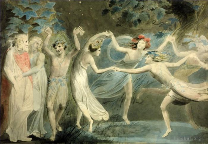 William Blake Various Paintings - Oberon Titania and Puck with Fairies Dancing