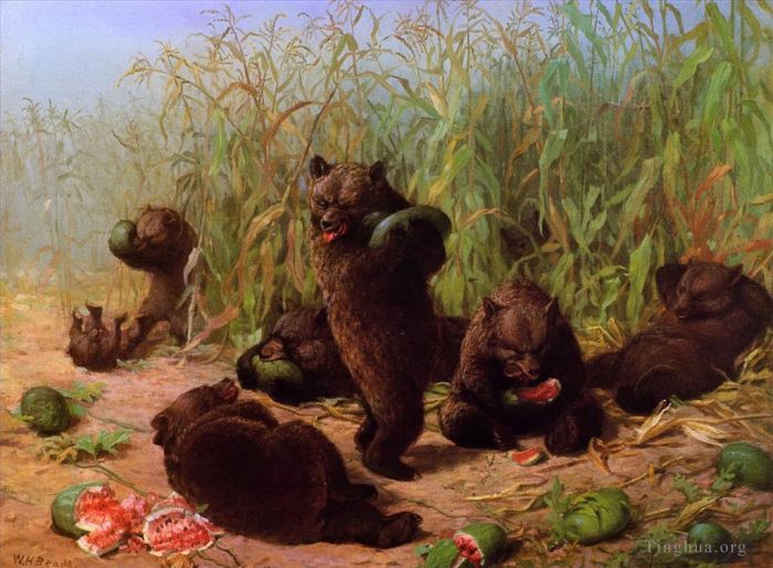 William Holbrook Beard Oil Painting - Bears in the Watermelon Patch