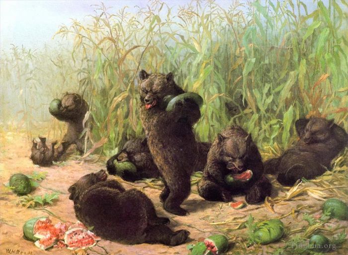 William Holbrook Beard Oil Painting - Bears eat watermelon