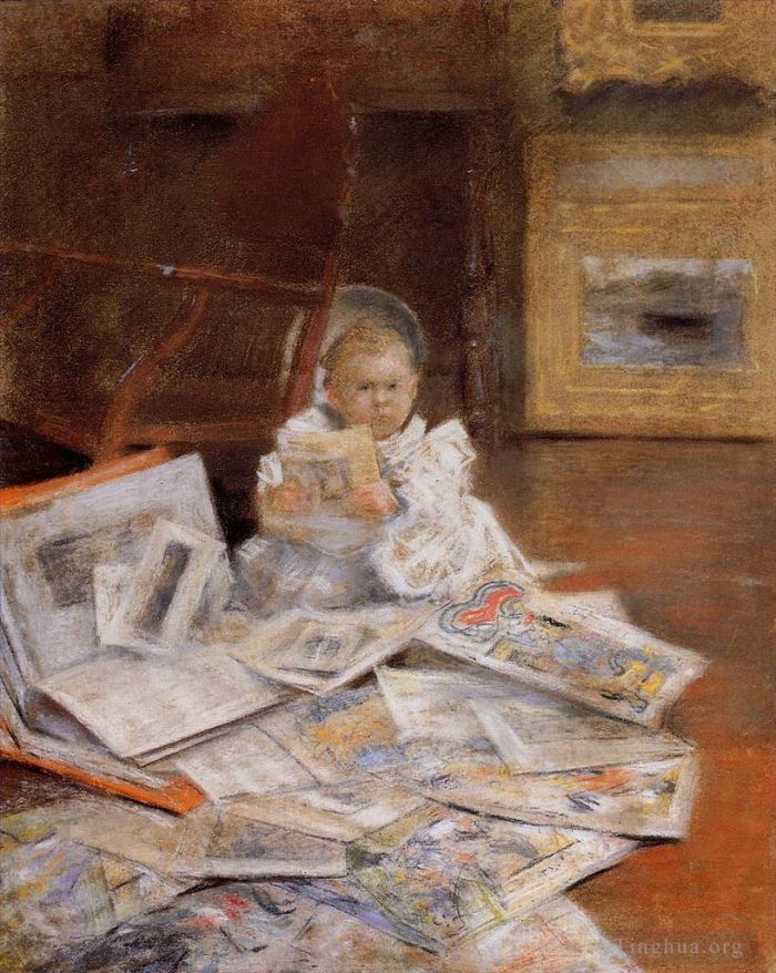 William Merritt Chase Oil Painting - Child with Prints