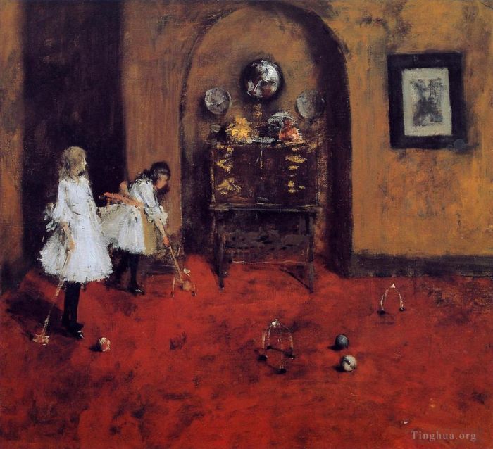 William Merritt Chase Oil Painting - Children Playing Parlor Croquet sketch