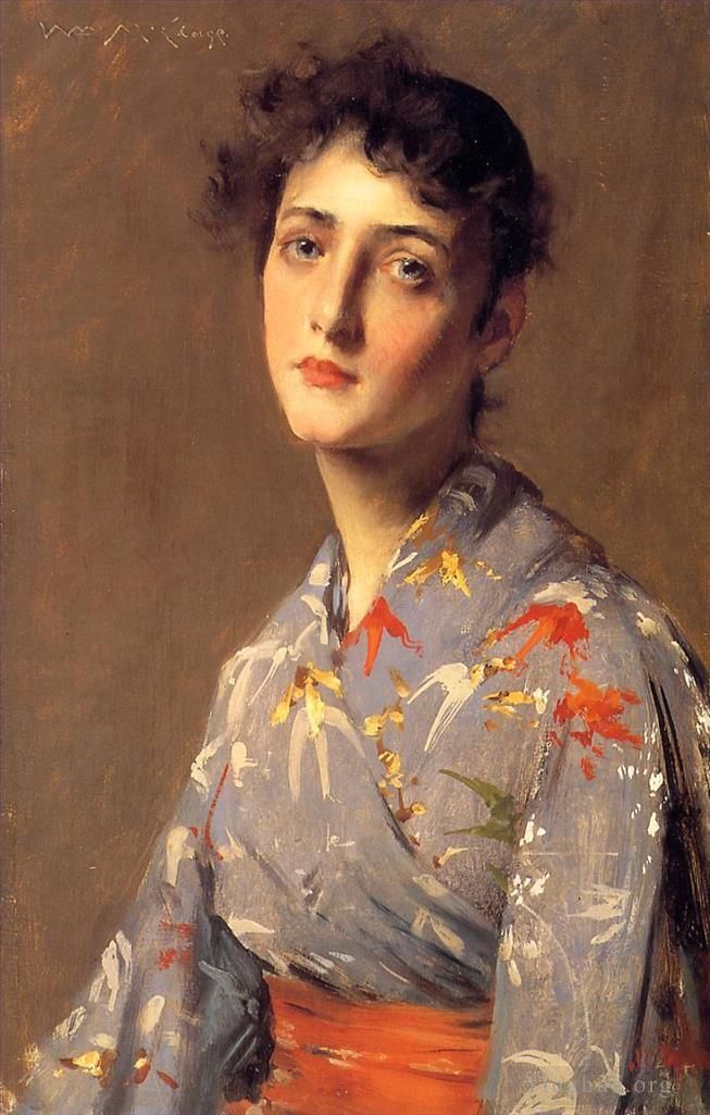 William Merritt Chase Oil Painting - Girl in a Japanese Kimono