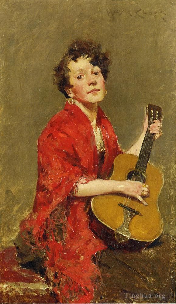 William Merritt Chase Oil Painting - Girl with Guitar