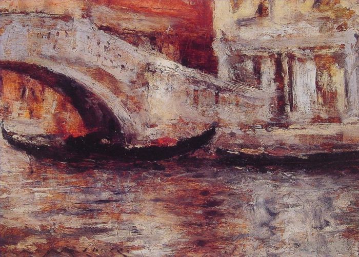 William Merritt Chase Oil Painting - Gondolas Along Venetian Canal