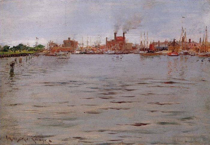 William Merritt Chase Oil Painting - Harbor Scene Brooklyn Docks