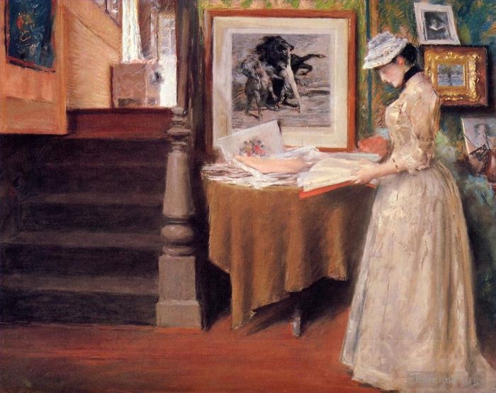 William Merritt Chase Oil Painting - Interior Young Woman at a Table