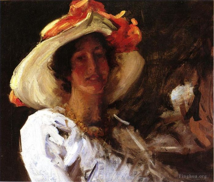William Merritt Chase Oil Painting - Portrait of Clara Stephens Wearing a Hat with an Orange Ribbon