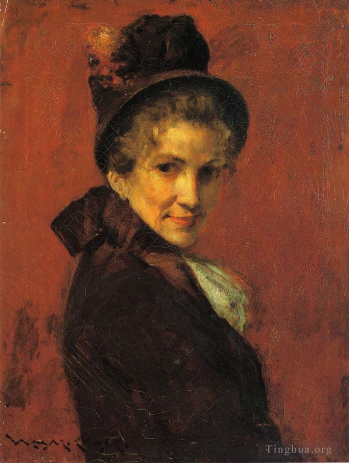William Merritt Chase Oil Painting - Portrait of a Woman black bonnet