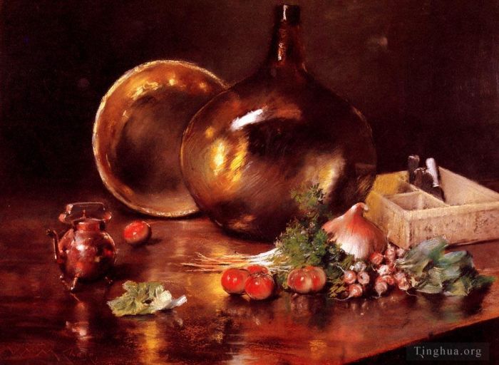 William Merritt Chase Oil Painting - Still Life Brass and Glass