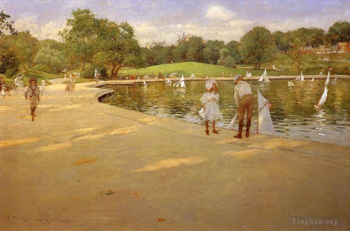 William Merritt Chase Oil Painting - The Lake for Miniature Yachts aka Central Park