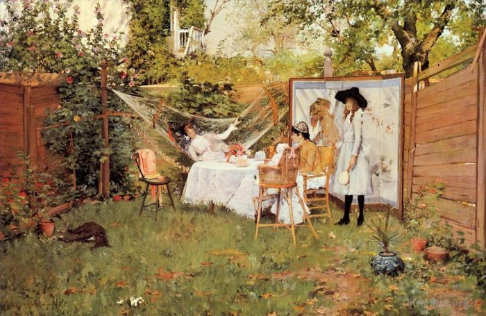 William Merritt Chase Oil Painting - The Open Air Breakfast aka The Backyard Breakfast Out of Doors