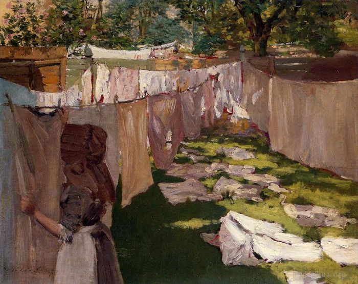 William Merritt Chase Oil Painting - Wash Day A Back Yark Reminiscence of Brooklyn