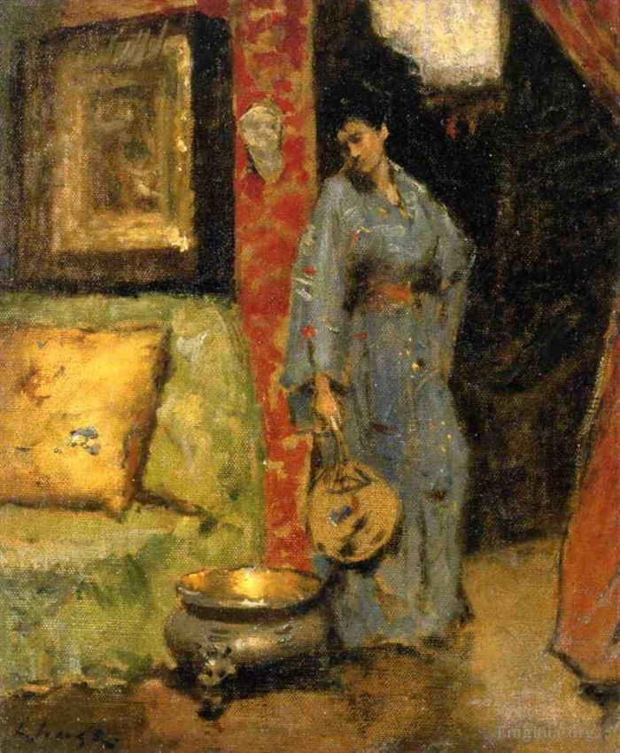 William Merritt Chase Oil Painting - Woman in Kimono Holding a Japanese Fan
