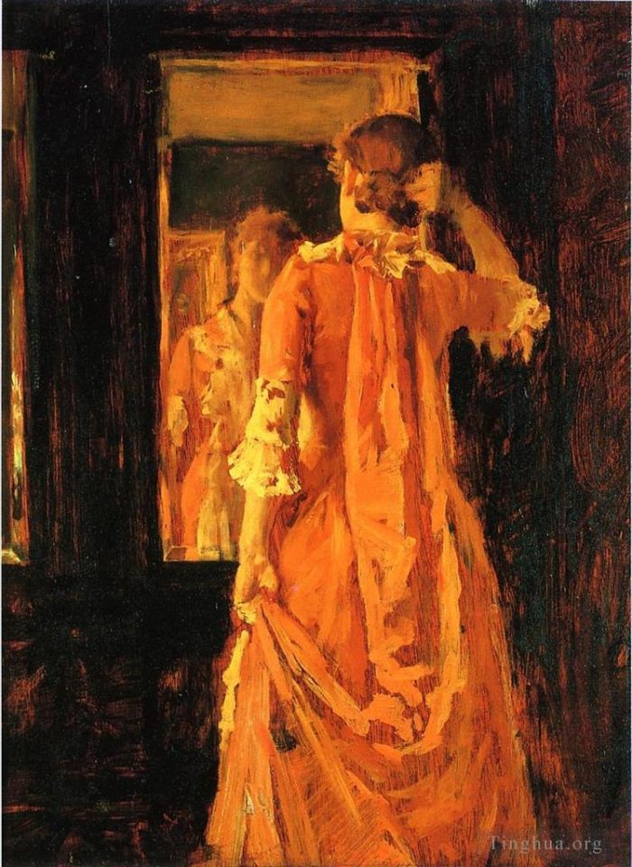 William Merritt Chase Oil Painting - Young Woman Before a Mirror