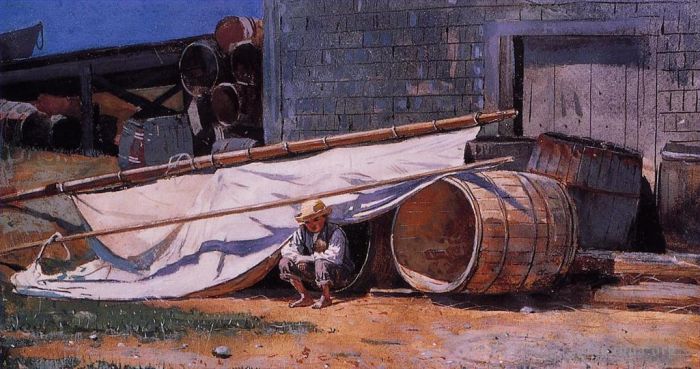 Winslow Homer Oil Painting - Boy in a Boatyard aka Boy with Barrels