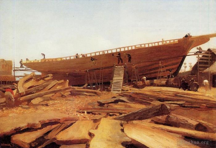 Winslow Homer Oil Painting - Shipbuilding at Gloucester