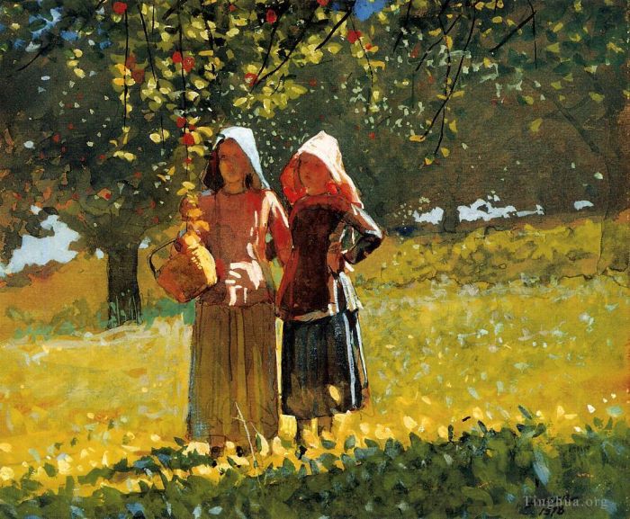 Winslow Homer Various Paintings - Apple Picking aka Two Girls in sunbonnets or in the Orchard