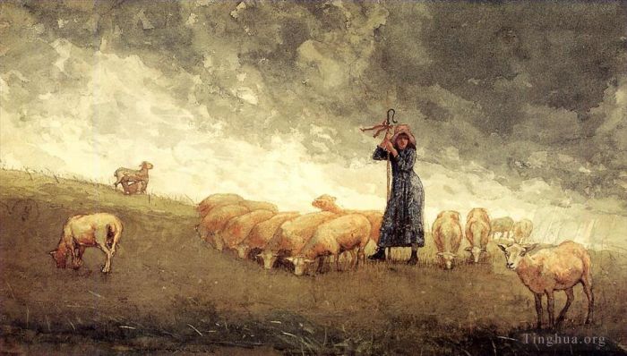 Winslow Homer Various Paintings - Shepherdess Tending Sheep