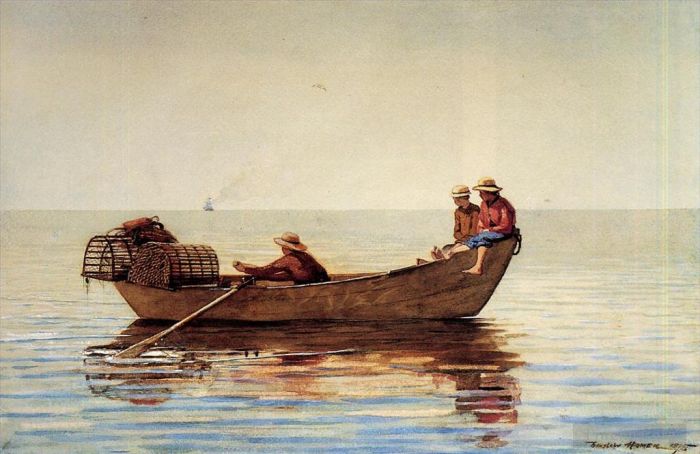 Winslow Homer Various Paintings - Three Boys in a Dory with Lobster Pots