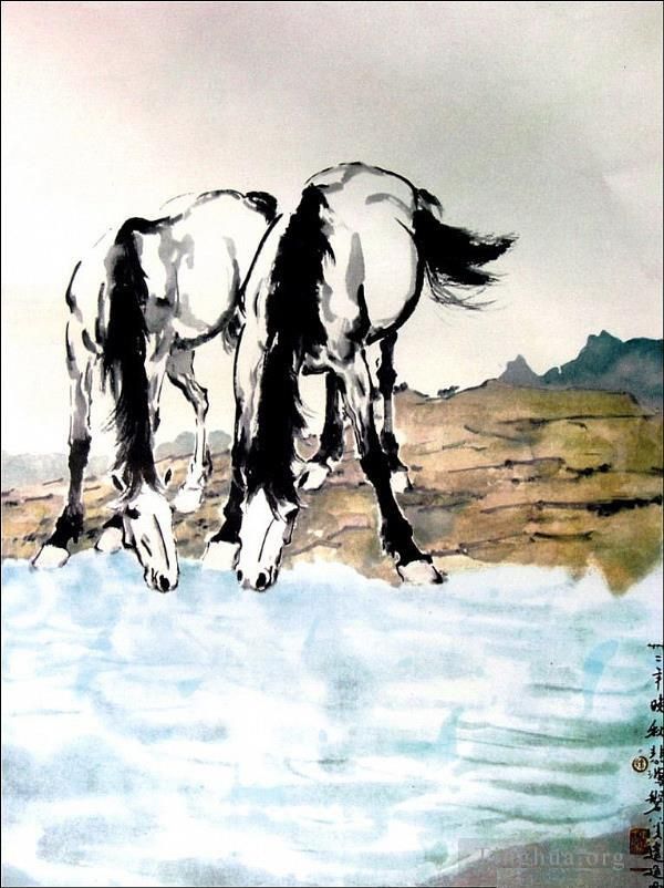 Xu Beihong Chinese Painting - Horses drink water