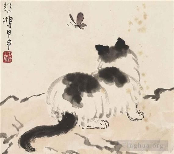 Xu Beihong Chinese Painting - Kitten with butterfly 1944