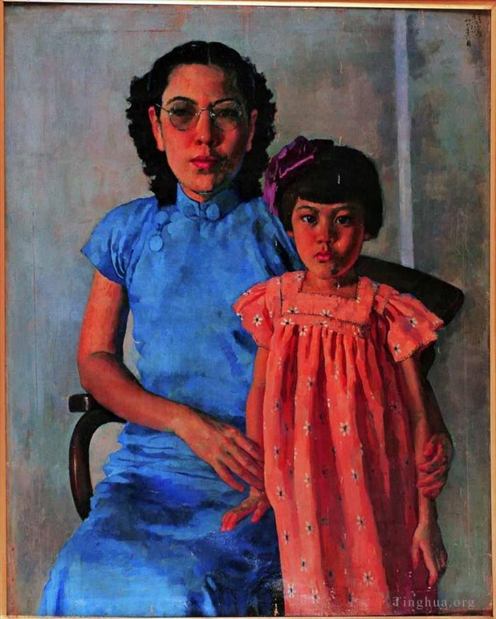 Xu Beihong Oil Painting - Portrait of mrs tchang ju chi and daughter