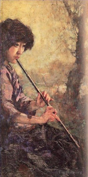 Antique Oil Painting - The sound of the flute